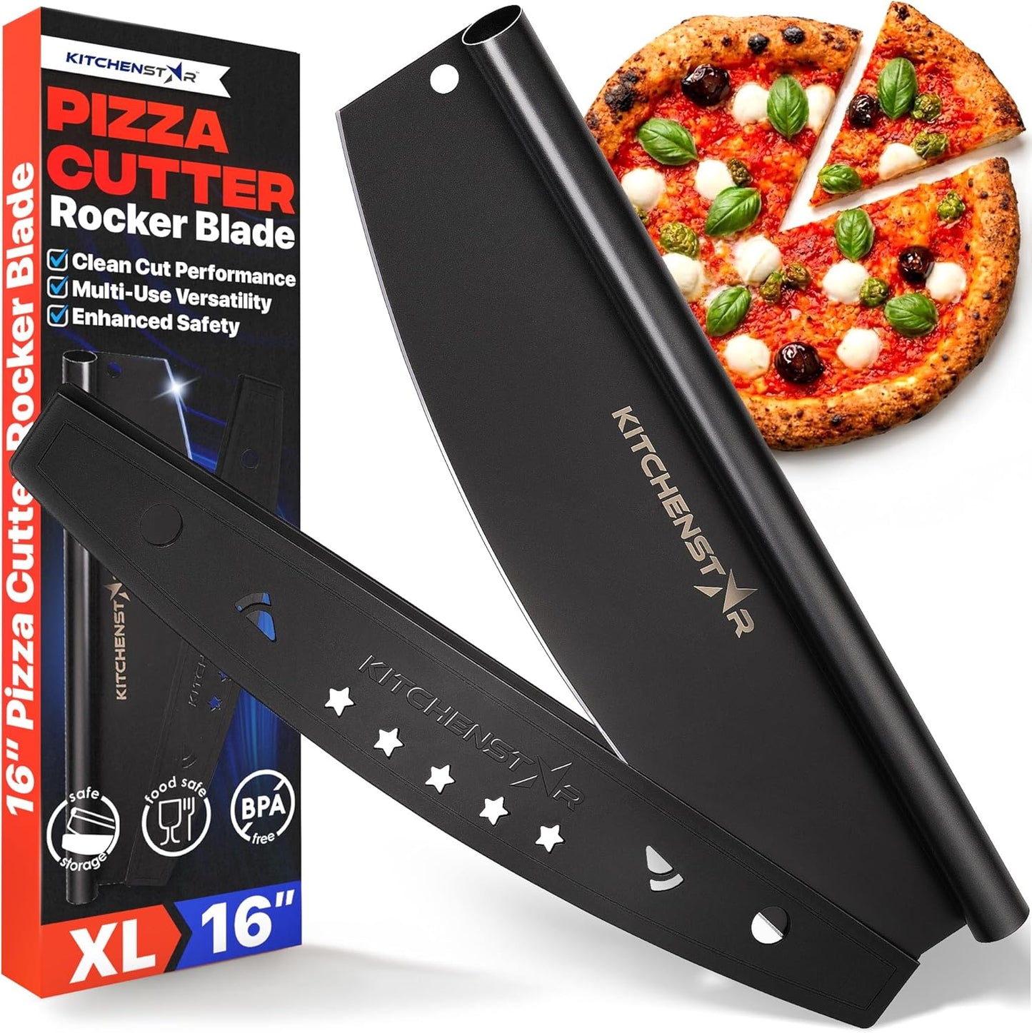 16-Inch Pizza Cutter Rocker Blade, 304 Stainless Steel Slicer Knife, Silver | Keeps Toppings Intact, Super Sharp, Protective Cover Included, Best for Large Pizzas, Dishwasher Safe