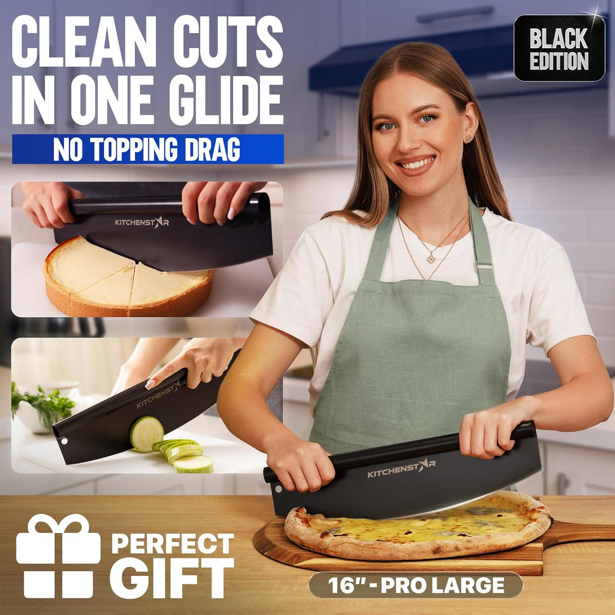 16-Inch Pizza Cutter Rocker Blade, 304 Stainless Steel Slicer Knife, Silver | Keeps Toppings Intact, Super Sharp, Protective Cover Included, Best for Large Pizzas, Dishwasher Safe