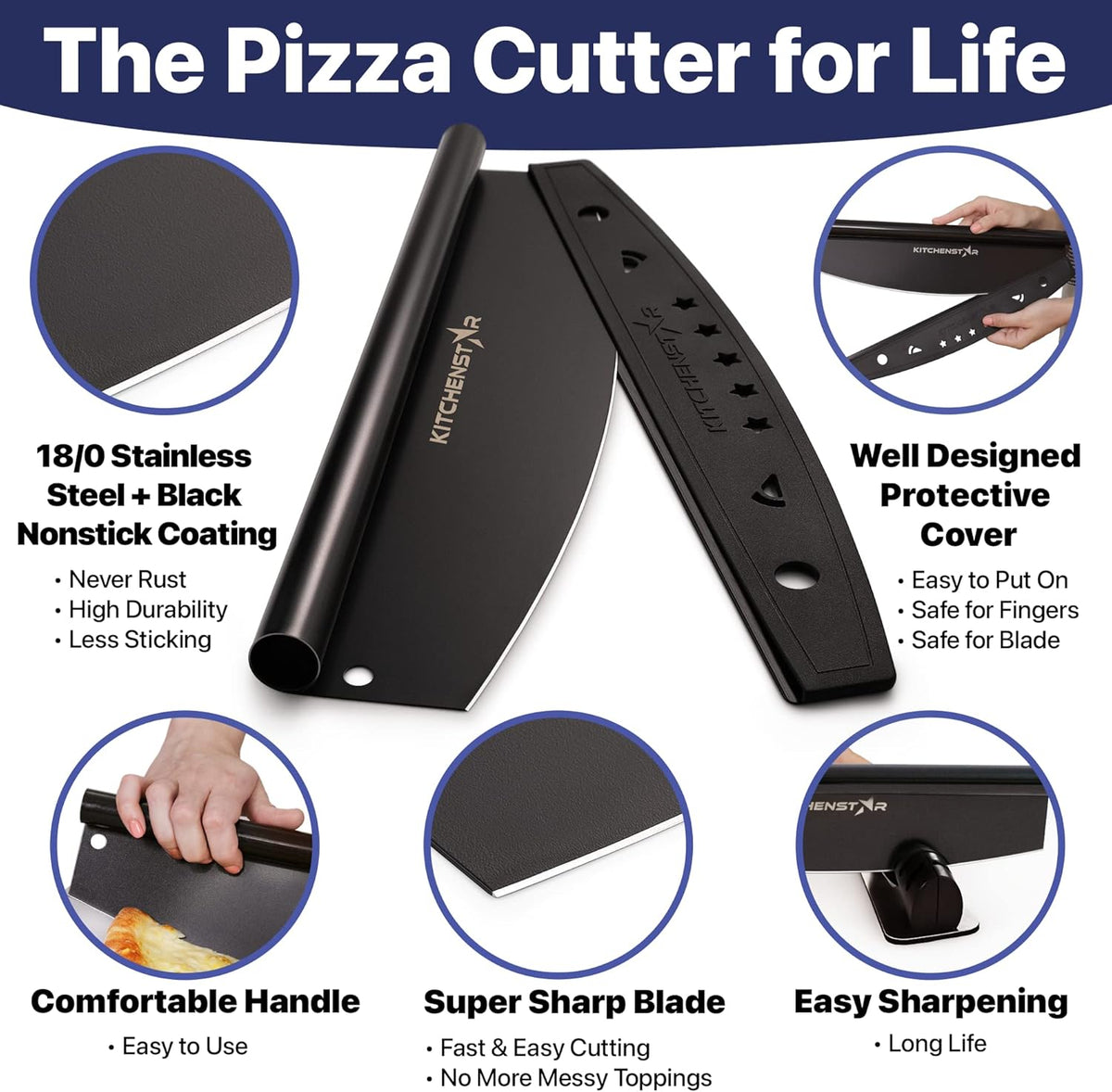 16-Inch Pizza Cutter Rocker Blade, 304 Stainless Steel Slicer Knife, Silver | Keeps Toppings Intact, Super Sharp, Protective Cover Included, Best for Large Pizzas, Dishwasher Safe