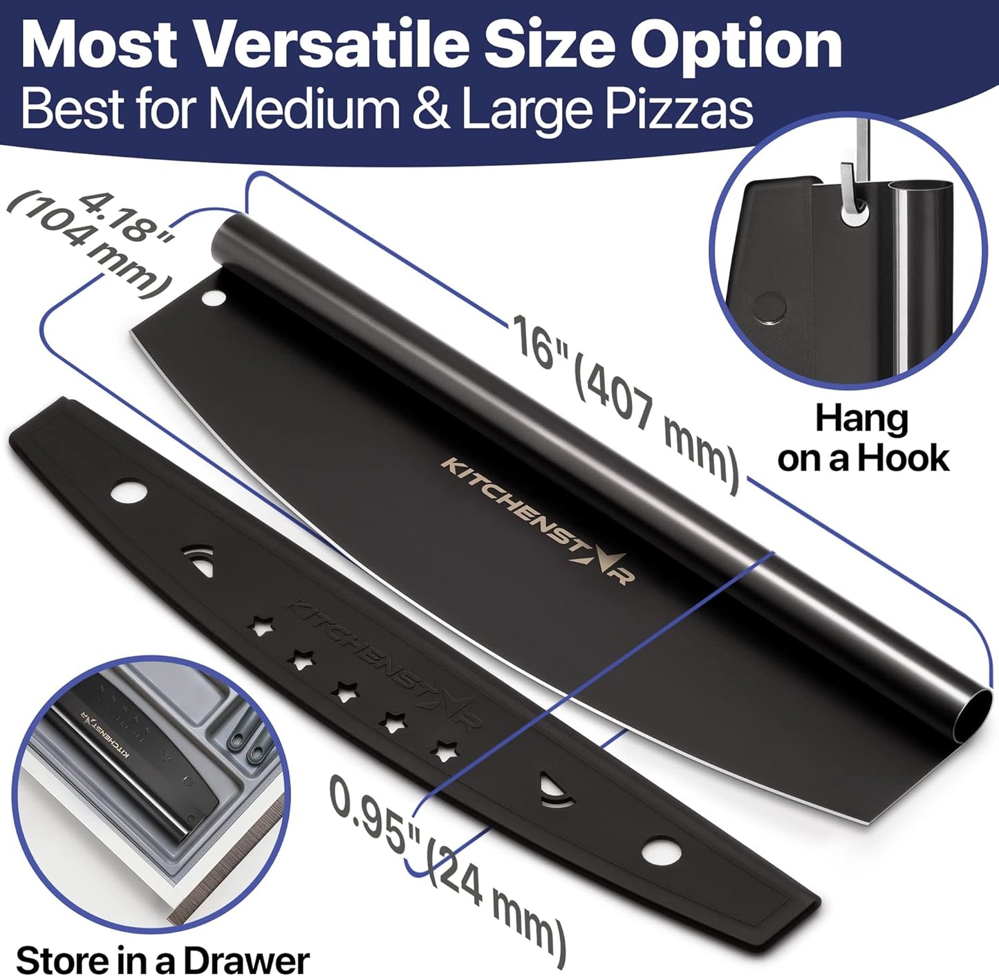 16-Inch Pizza Cutter Rocker Blade, 304 Stainless Steel Slicer Knife, Silver | Keeps Toppings Intact, Super Sharp, Protective Cover Included, Best for Large Pizzas, Dishwasher Safe