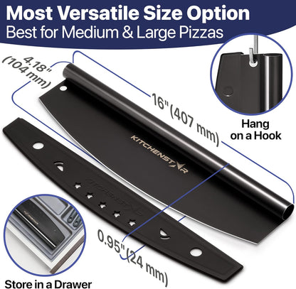 16-Inch Pizza Cutter Rocker Blade, 304 Stainless Steel Slicer Knife, Silver | Keeps Toppings Intact, Super Sharp, Protective Cover Included, Best for Large Pizzas, Dishwasher Safe