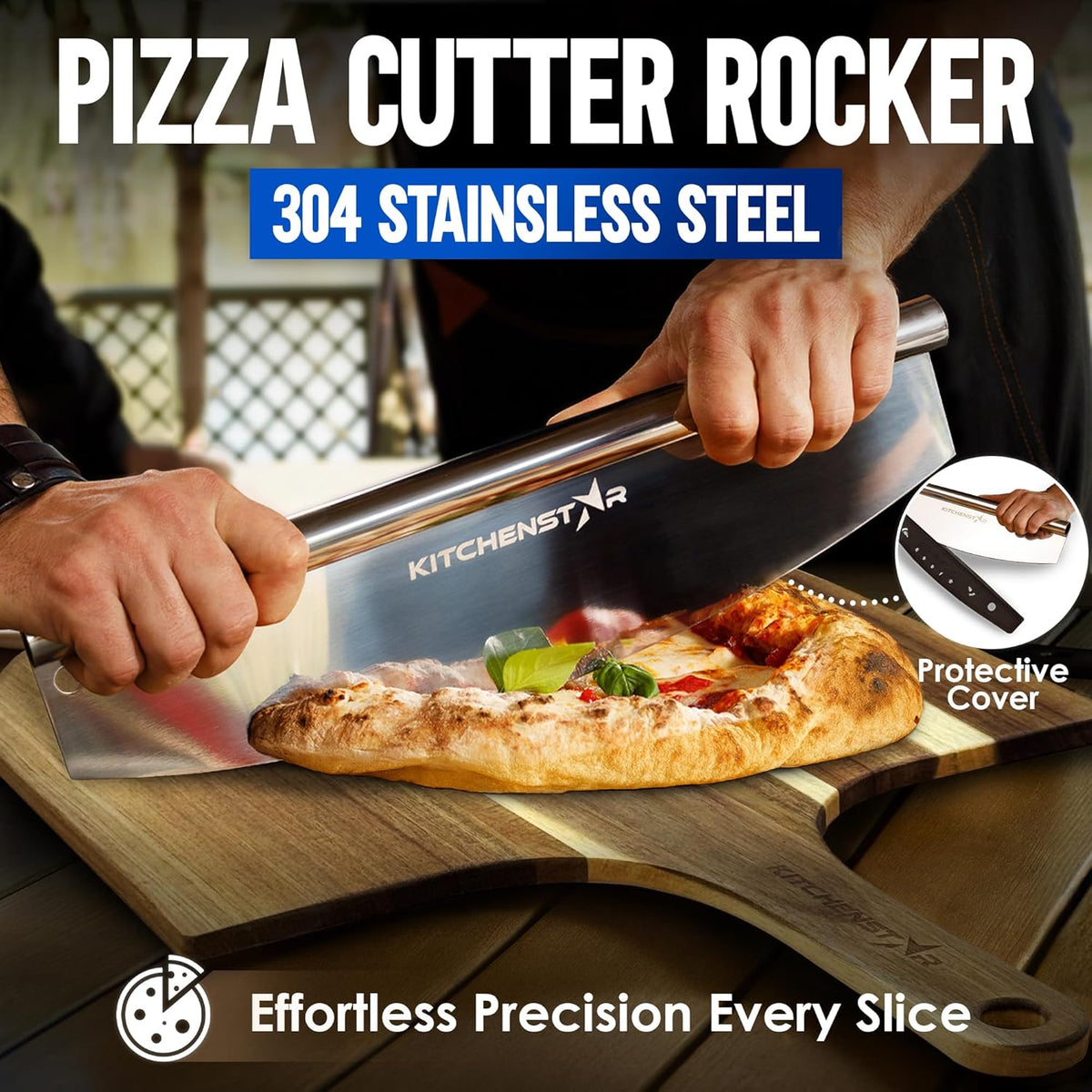 16-Inch Pizza Cutter Rocker Blade, 304 Stainless Steel Slicer Knife, Silver | Keeps Toppings Intact, Super Sharp, Protective Cover Included, Best for Large Pizzas, Dishwasher Safe