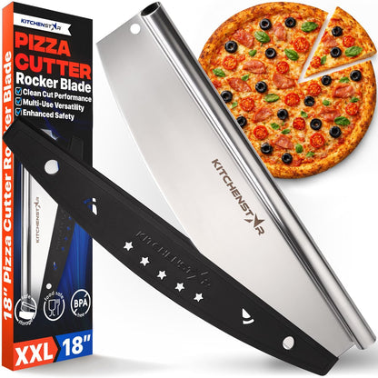 16-Inch Pizza Cutter Rocker Blade, 304 Stainless Steel Slicer Knife, Silver | Keeps Toppings Intact, Super Sharp, Protective Cover Included, Best for Large Pizzas, Dishwasher Safe
