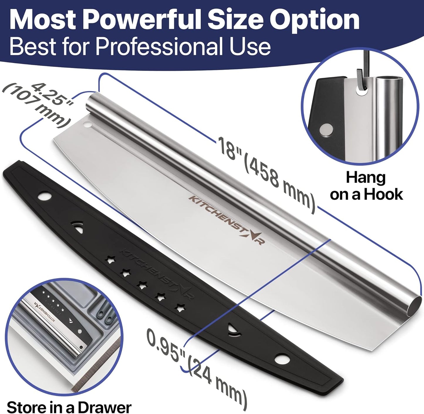 16-Inch Pizza Cutter Rocker Blade, 304 Stainless Steel Slicer Knife, Silver | Keeps Toppings Intact, Super Sharp, Protective Cover Included, Best for Large Pizzas, Dishwasher Safe