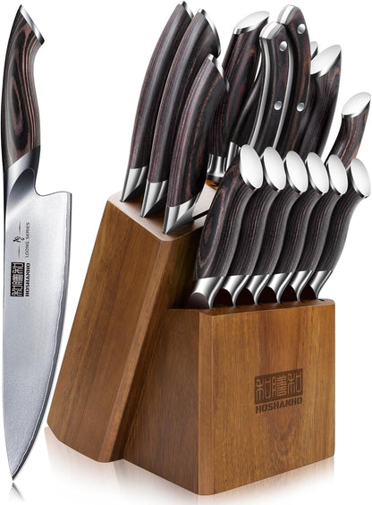 16PCS Knife Set, Ultra Sharp Japanese Kitchen Knife Set with Block | Japanese High Carbon Stainless Steel Cooking Knife set, Multipurpose Chef Knives Set with Sharpener, Ergonomic Handle, Gifts