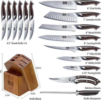 16PCS Knife Set, Ultra Sharp Japanese Kitchen Knife Set with Block | Japanese High Carbon Stainless Steel Cooking Knife set, Multipurpose Chef Knives Set with Sharpener, Ergonomic Handle, Gifts