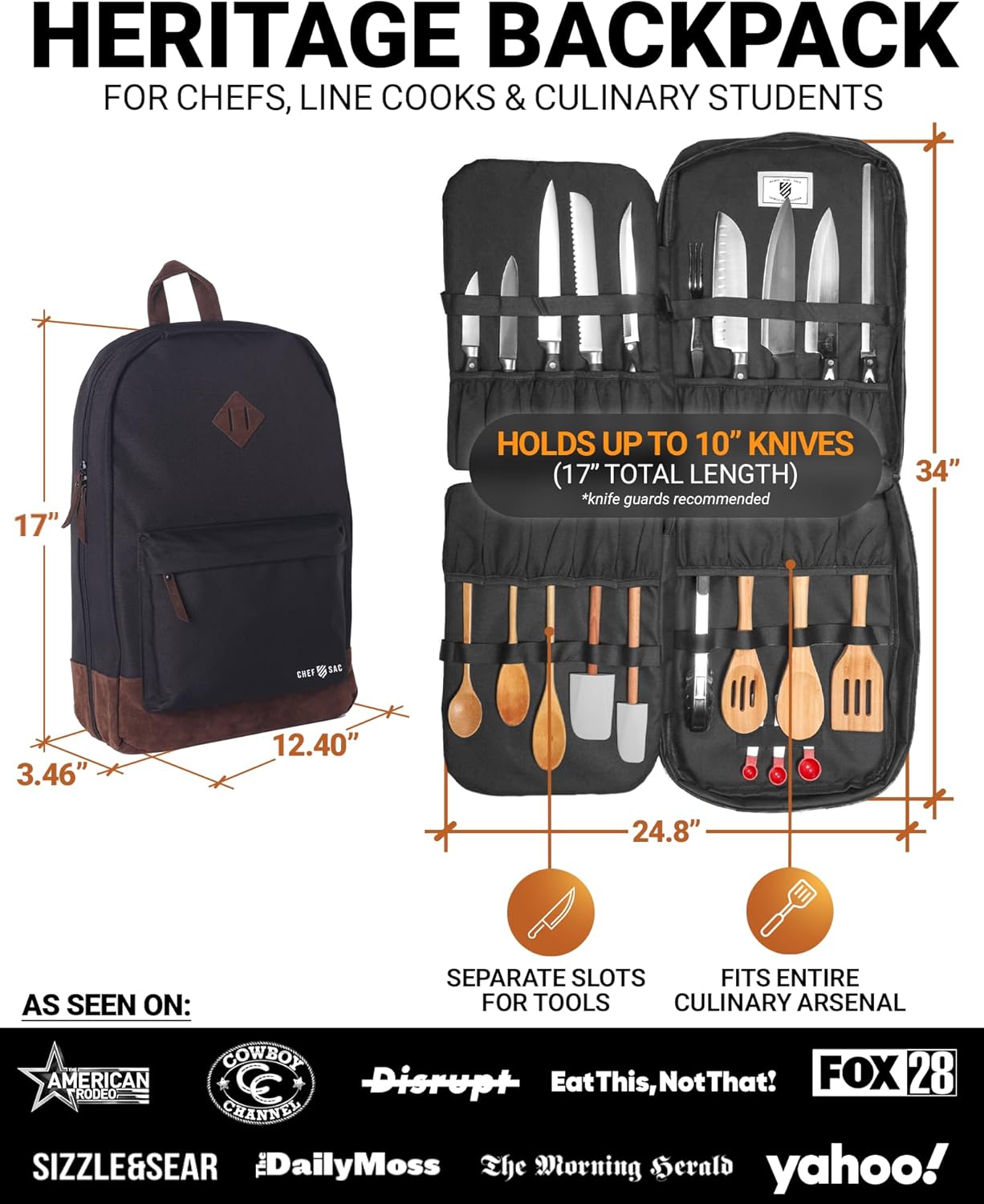 Chef Knife Backpack, Professional Knife Bag for Chefs and Culinary Students, Heritage Design, Reinforced Handles, YKK Zippers, Secure Knife Retention Panels, Durable Water-Resistant Fabric (Black)