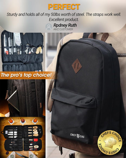 Chef Knife Backpack, Professional Knife Bag for Chefs and Culinary Students, Heritage Design, Reinforced Handles, YKK Zippers, Secure Knife Retention Panels, Durable Water-Resistant Fabric (Black)