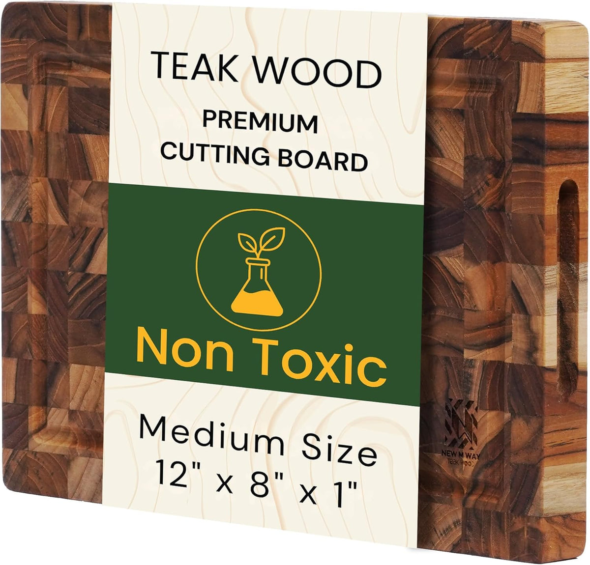 Premium End Grain Teak Cutting Board 12" x 8" x 1" with Handle & Juice Groove, Medium Thick Solid Non-toxic Wood Butcher Block for Meat, Fruit, Cheese & Kitchen Prep by New M Way