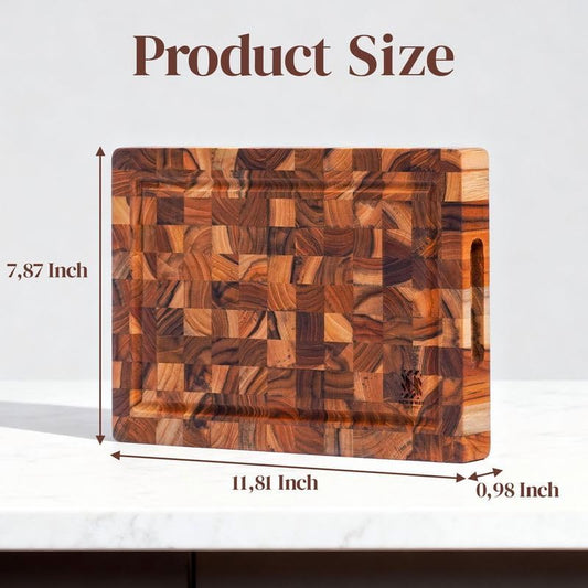 Premium End Grain Teak Cutting Board 12" x 8" x 1" with Handle & Juice Groove, Medium Thick Solid Non-toxic Wood Butcher Block for Meat, Fruit, Cheese & Kitchen Prep by New M Way