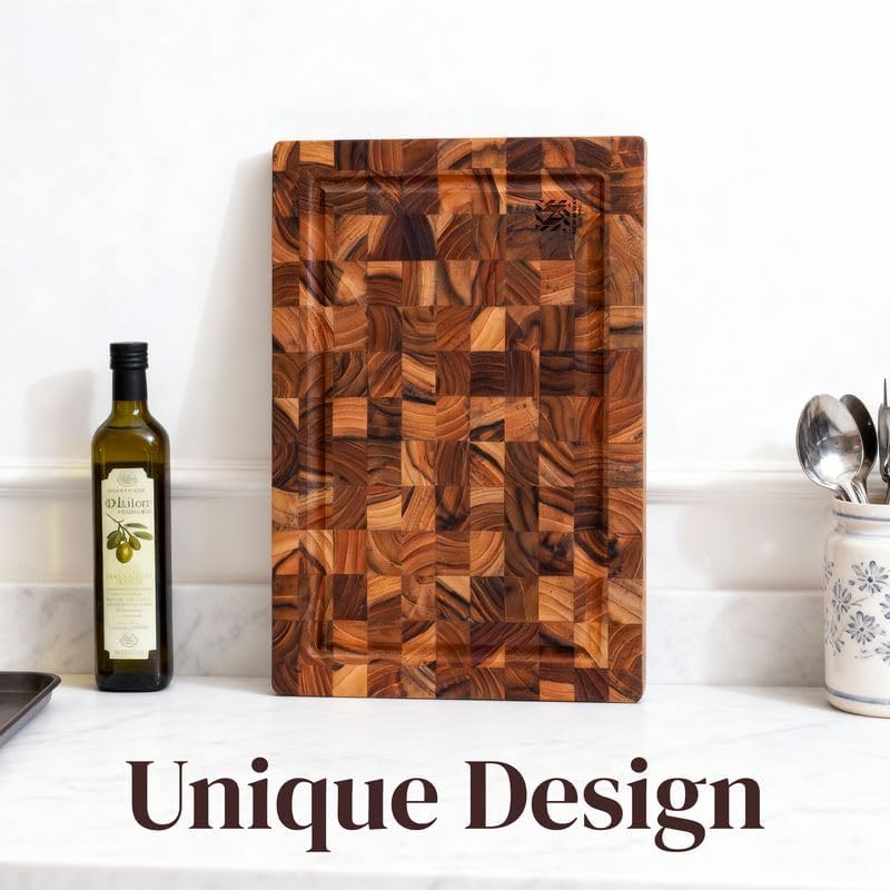 Premium End Grain Teak Cutting Board 12" x 8" x 1" with Handle & Juice Groove, Medium Thick Solid Non-toxic Wood Butcher Block for Meat, Fruit, Cheese & Kitchen Prep by New M Way