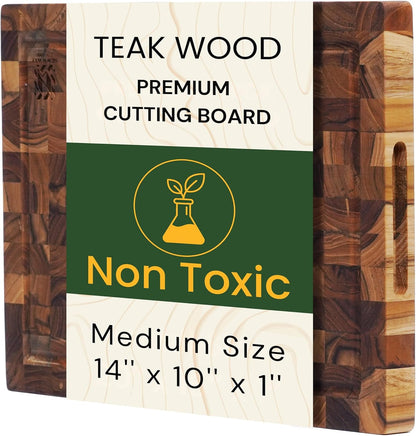 Premium End Grain Teak Cutting Board 12" x 8" x 1" with Handle & Juice Groove, Medium Thick Solid Non-toxic Wood Butcher Block for Meat, Fruit, Cheese & Kitchen Prep by New M Way
