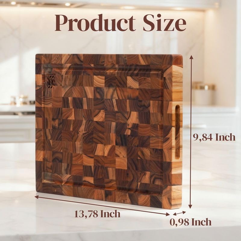 Premium End Grain Teak Cutting Board 12" x 8" x 1" with Handle & Juice Groove, Medium Thick Solid Non-toxic Wood Butcher Block for Meat, Fruit, Cheese & Kitchen Prep by New M Way