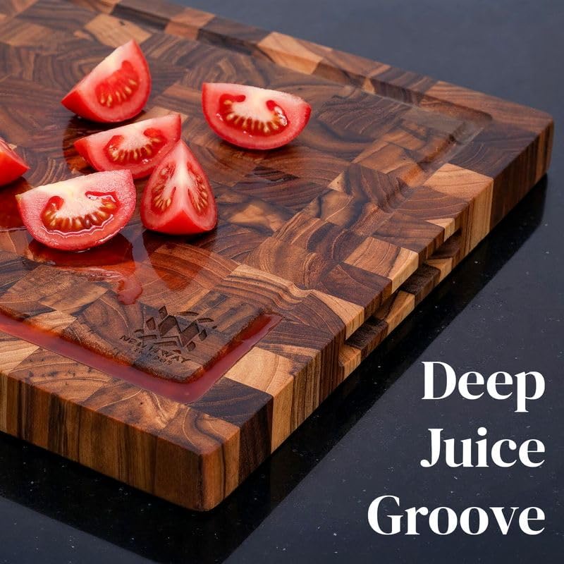 Premium End Grain Teak Cutting Board 12" x 8" x 1" with Handle & Juice Groove, Medium Thick Solid Non-toxic Wood Butcher Block for Meat, Fruit, Cheese & Kitchen Prep by New M Way