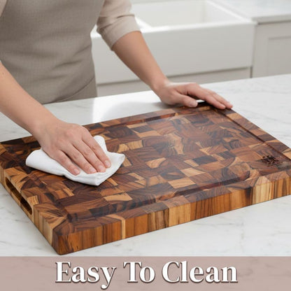 Premium End Grain Teak Cutting Board 12" x 8" x 1" with Handle & Juice Groove, Medium Thick Solid Non-toxic Wood Butcher Block for Meat, Fruit, Cheese & Kitchen Prep by New M Way