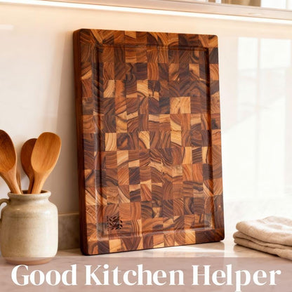 Premium End Grain Teak Cutting Board 12" x 8" x 1" with Handle & Juice Groove, Medium Thick Solid Non-toxic Wood Butcher Block for Meat, Fruit, Cheese & Kitchen Prep by New M Way
