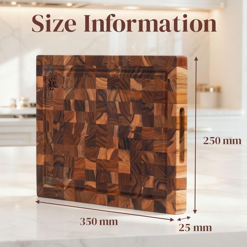 Premium End Grain Teak Cutting Board 12" x 8" x 1" with Handle & Juice Groove, Medium Thick Solid Non-toxic Wood Butcher Block for Meat, Fruit, Cheese & Kitchen Prep by New M Way