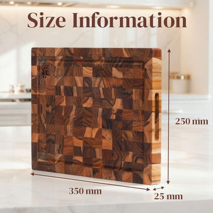 Premium End Grain Teak Cutting Board 12" x 8" x 1" with Handle & Juice Groove, Medium Thick Solid Non-toxic Wood Butcher Block for Meat, Fruit, Cheese & Kitchen Prep by New M Way