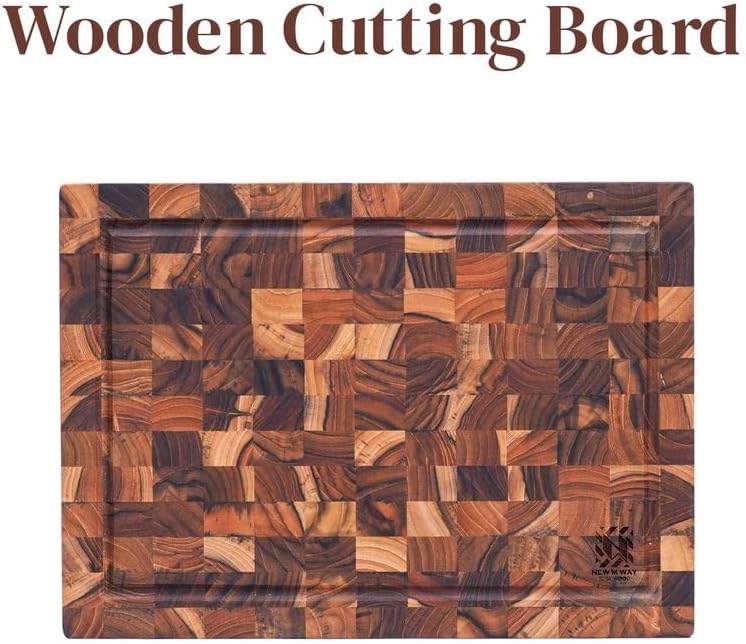 Premium End Grain Teak Cutting Board 12" x 8" x 1" with Handle & Juice Groove, Medium Thick Solid Non-toxic Wood Butcher Block for Meat, Fruit, Cheese & Kitchen Prep by New M Way
