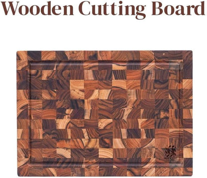 Premium End Grain Teak Cutting Board 12" x 8" x 1" with Handle & Juice Groove, Medium Thick Solid Non-toxic Wood Butcher Block for Meat, Fruit, Cheese & Kitchen Prep by New M Way