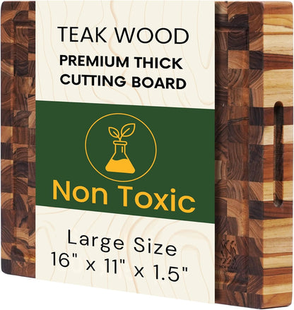 Premium End Grain Teak Cutting Board 12" x 8" x 1" with Handle & Juice Groove, Medium Thick Solid Non-toxic Wood Butcher Block for Meat, Fruit, Cheese & Kitchen Prep by New M Way