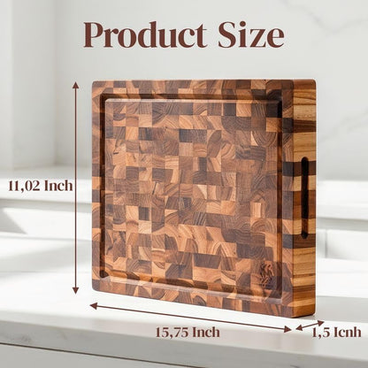 Premium End Grain Teak Cutting Board 12" x 8" x 1" with Handle & Juice Groove, Medium Thick Solid Non-toxic Wood Butcher Block for Meat, Fruit, Cheese & Kitchen Prep by New M Way