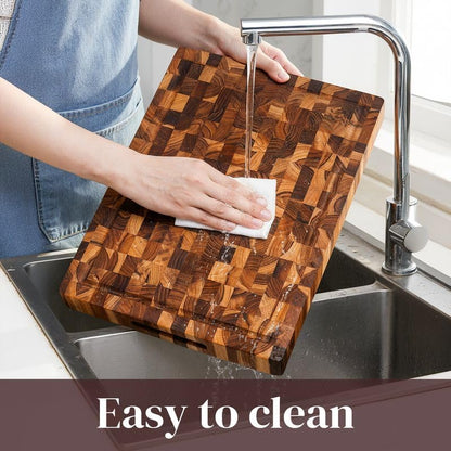 Premium End Grain Teak Cutting Board 12" x 8" x 1" with Handle & Juice Groove, Medium Thick Solid Non-toxic Wood Butcher Block for Meat, Fruit, Cheese & Kitchen Prep by New M Way
