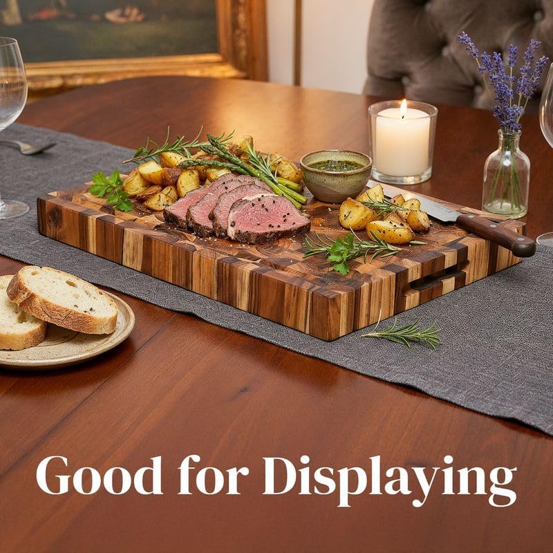 Premium End Grain Teak Cutting Board 12" x 8" x 1" with Handle & Juice Groove, Medium Thick Solid Non-toxic Wood Butcher Block for Meat, Fruit, Cheese & Kitchen Prep by New M Way
