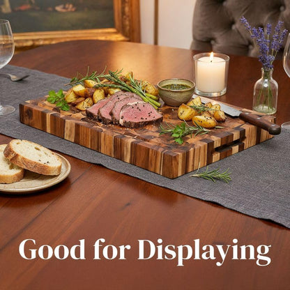 Premium End Grain Teak Cutting Board 12" x 8" x 1" with Handle & Juice Groove, Medium Thick Solid Non-toxic Wood Butcher Block for Meat, Fruit, Cheese & Kitchen Prep by New M Way