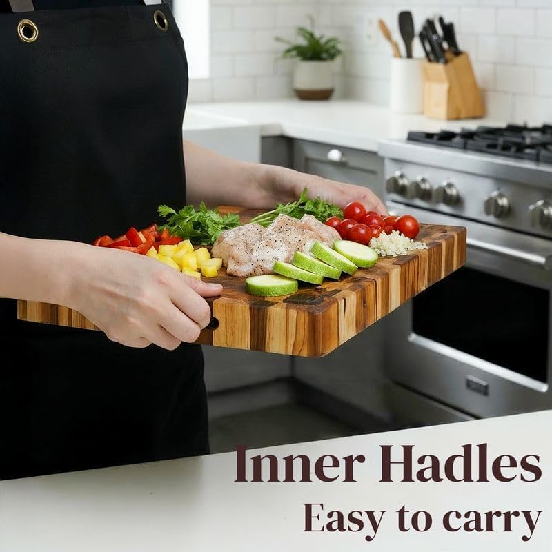 Premium End Grain Teak Cutting Board 12" x 8" x 1" with Handle & Juice Groove, Medium Thick Solid Non-toxic Wood Butcher Block for Meat, Fruit, Cheese & Kitchen Prep by New M Way