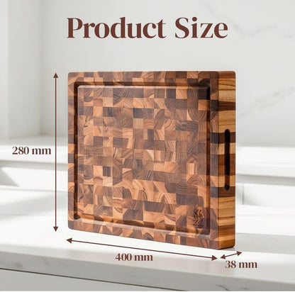 Premium End Grain Teak Cutting Board 12" x 8" x 1" with Handle & Juice Groove, Medium Thick Solid Non-toxic Wood Butcher Block for Meat, Fruit, Cheese & Kitchen Prep by New M Way