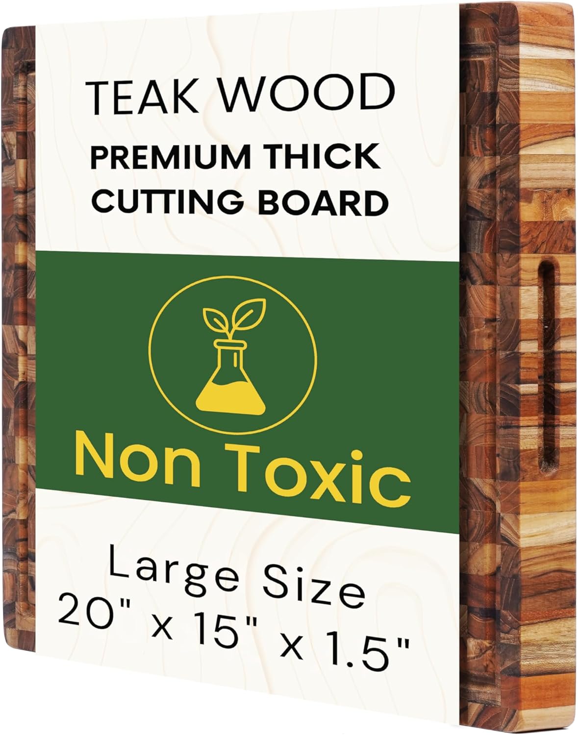 Premium End Grain Teak Cutting Board 12" x 8" x 1" with Handle & Juice Groove, Medium Thick Solid Non-toxic Wood Butcher Block for Meat, Fruit, Cheese & Kitchen Prep by New M Way
