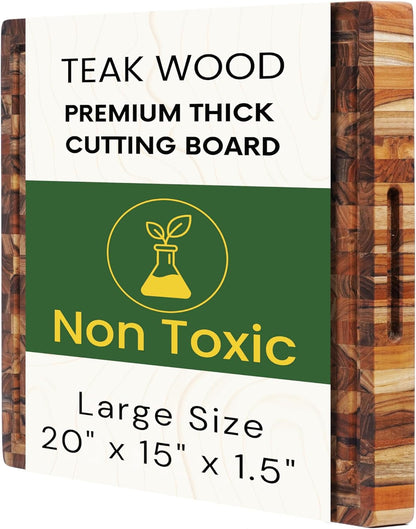 Premium End Grain Teak Cutting Board 12" x 8" x 1" with Handle & Juice Groove, Medium Thick Solid Non-toxic Wood Butcher Block for Meat, Fruit, Cheese & Kitchen Prep by New M Way