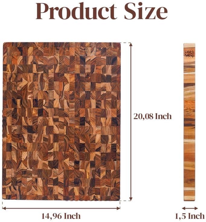 Premium End Grain Teak Cutting Board 12" x 8" x 1" with Handle & Juice Groove, Medium Thick Solid Non-toxic Wood Butcher Block for Meat, Fruit, Cheese & Kitchen Prep by New M Way