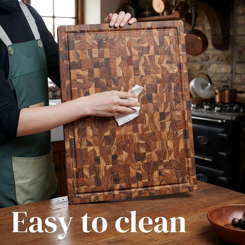 Premium End Grain Teak Cutting Board 12" x 8" x 1" with Handle & Juice Groove, Medium Thick Solid Non-toxic Wood Butcher Block for Meat, Fruit, Cheese & Kitchen Prep by New M Way