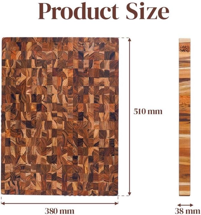 Premium End Grain Teak Cutting Board 12" x 8" x 1" with Handle & Juice Groove, Medium Thick Solid Non-toxic Wood Butcher Block for Meat, Fruit, Cheese & Kitchen Prep by New M Way