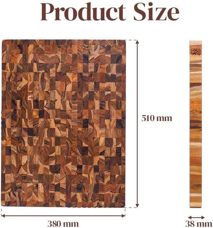 Premium End Grain Teak Cutting Board 12" x 8" x 1" with Handle & Juice Groove, Medium Thick Solid Non-toxic Wood Butcher Block for Meat, Fruit, Cheese & Kitchen Prep by New M Way