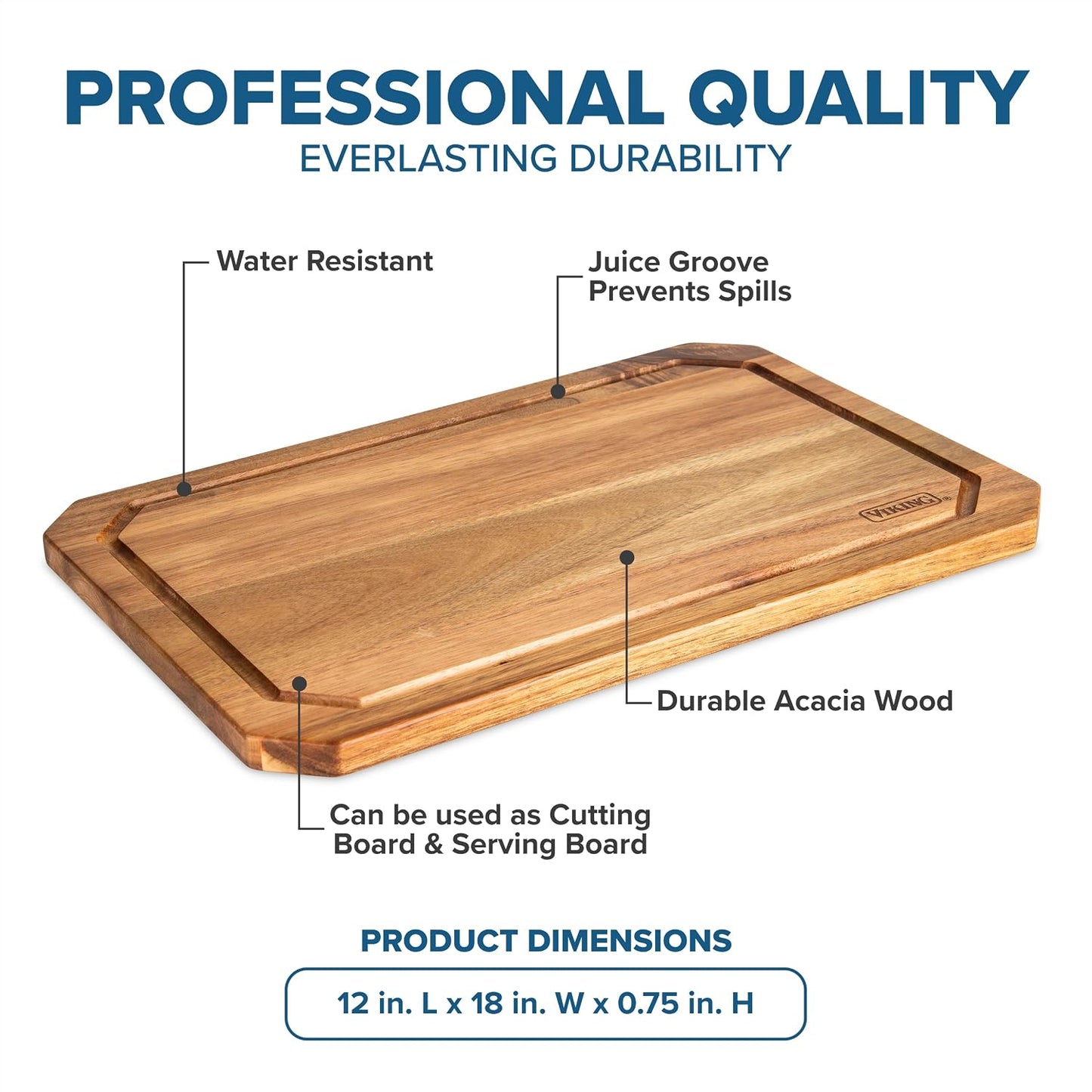 Cutting Board, Acacia Wood Kitchen Carving Board with Juice Groove, 18 x 12 x 0.75 Inch