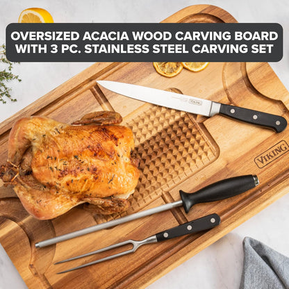 Cutting Board, Acacia Wood Kitchen Carving Board with Juice Groove, 18 x 12 x 0.75 Inch