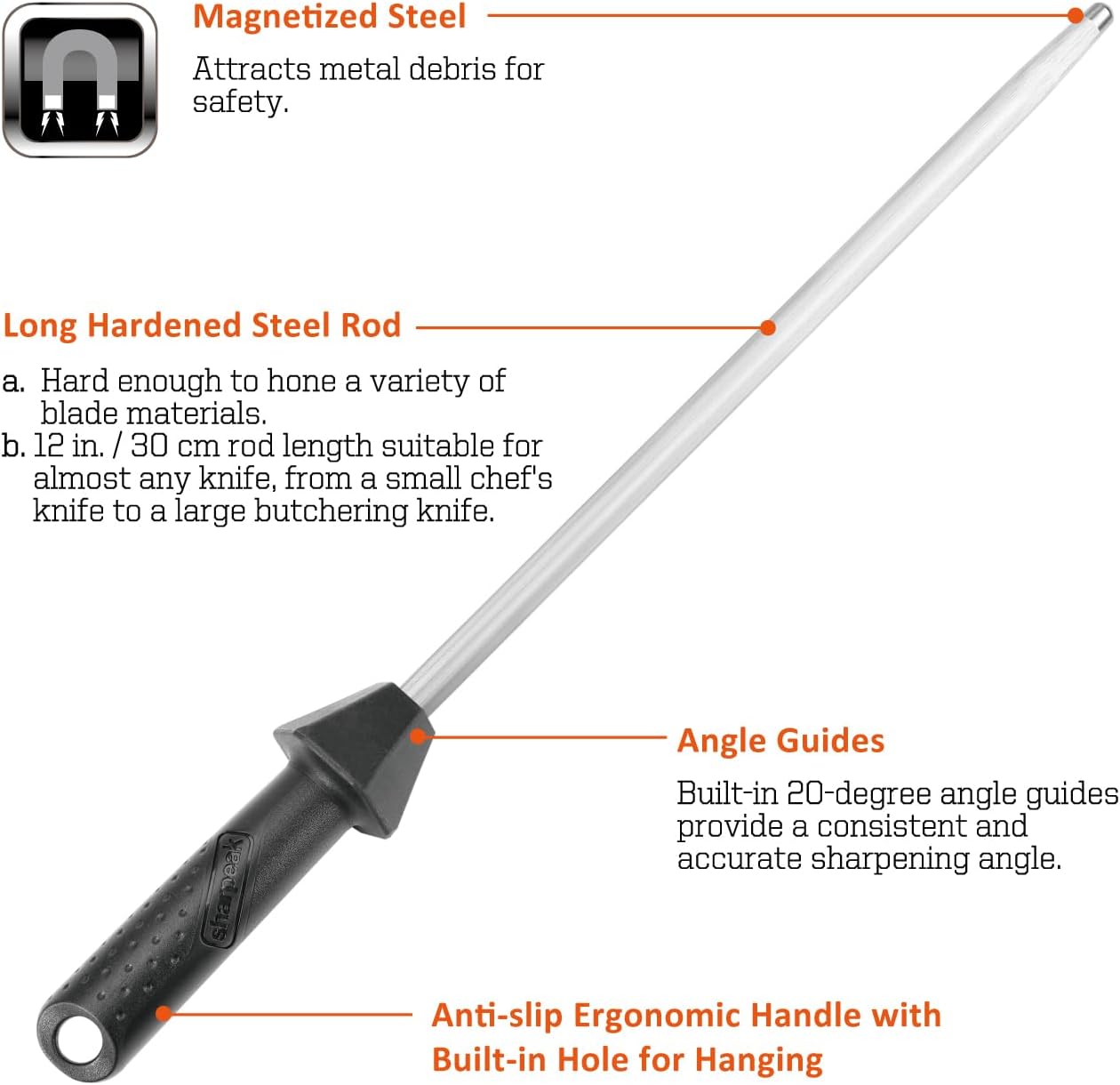 Total L.17.5-Inch/Rod L.12-Inch 3000-Grit Ceramic Sharpening Steel with Built-In Angle Guides and Anti-Breaking Cap, Sharpening Rod, Knife Steel, Ceramic Honing rod, Chaira Afilador Cuchillos