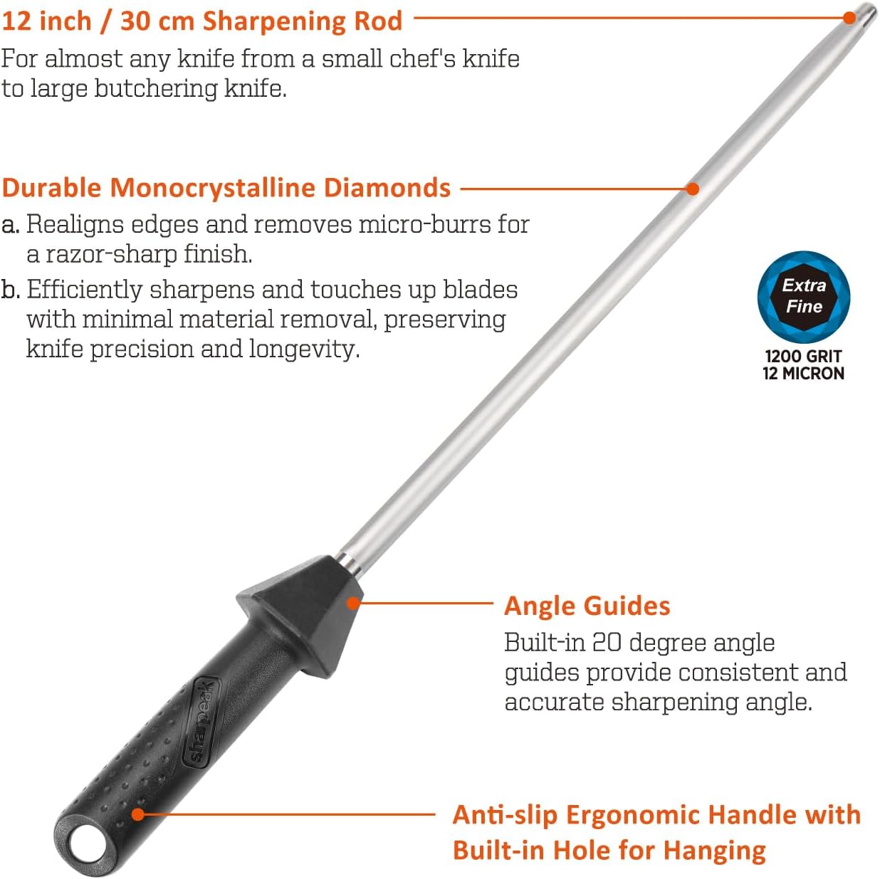 Total L.17.5-Inch/Rod L.12-Inch 3000-Grit Ceramic Sharpening Steel with Built-In Angle Guides and Anti-Breaking Cap, Sharpening Rod, Knife Steel, Ceramic Honing rod, Chaira Afilador Cuchillos