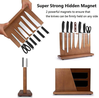 Magnetic Knife Block for Home Kitchen 12x10" Inches Large Capacity Double Sided Holder with Strong Magnets Acasia Wood for Knives Utensils Storage Rack Counter Top