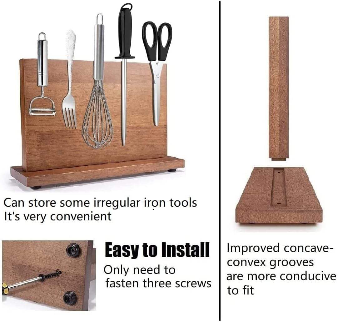 Magnetic Knife Block for Home Kitchen 12x10" Inches Large Capacity Double Sided Holder with Strong Magnets Acasia Wood for Knives Utensils Storage Rack Counter Top