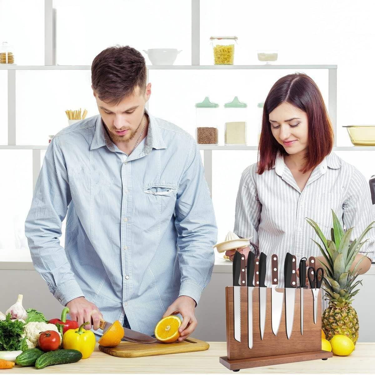 Magnetic Knife Block for Home Kitchen 12x10" Inches Large Capacity Double Sided Holder with Strong Magnets Acasia Wood for Knives Utensils Storage Rack Counter Top