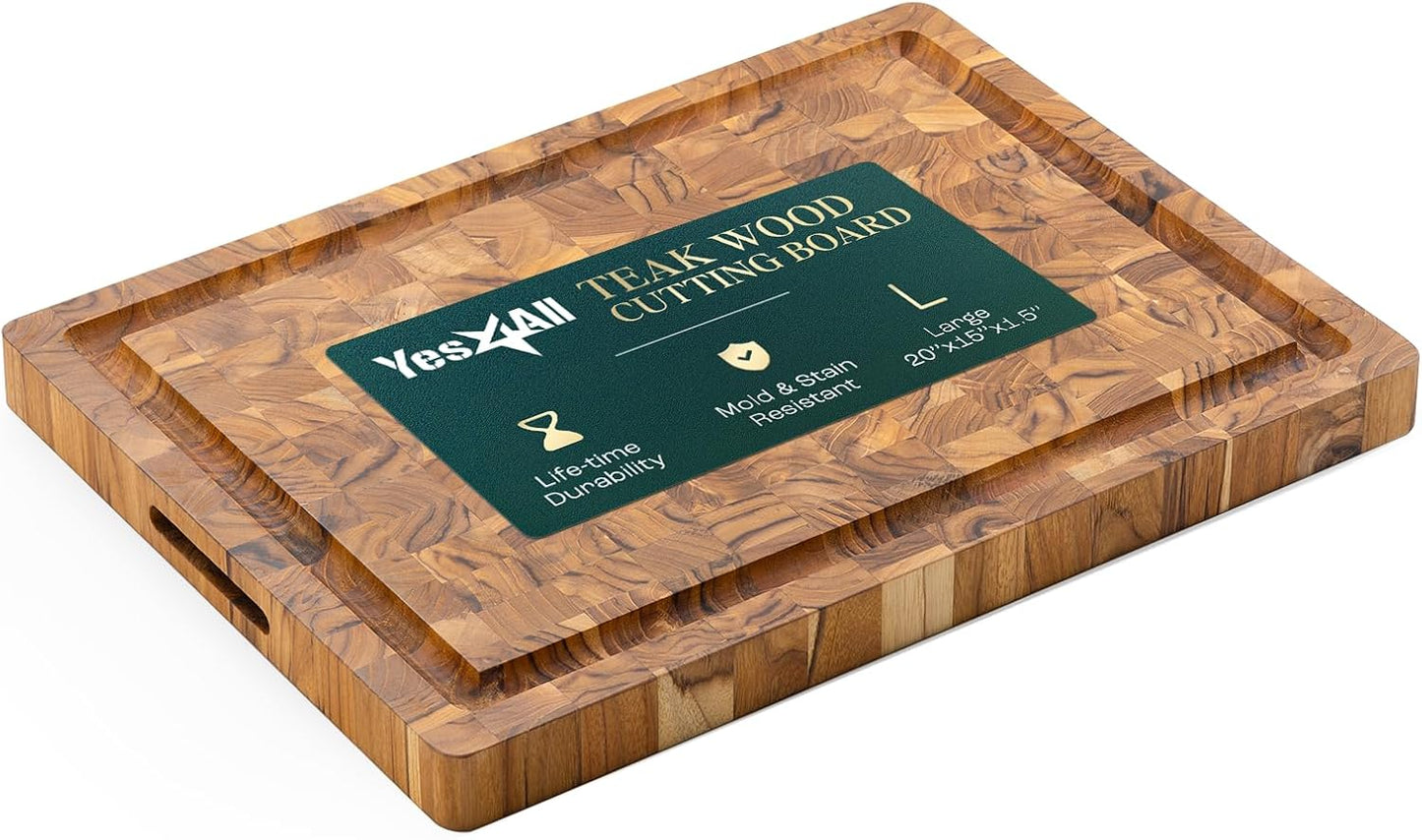 Large Teak Cutting Boards for Kitchen, 20"x15"x1.5" End Grain Butcher Block with Food-Friendly Surface, Durable Wood Chopping Board with Juice Grooves and Easy-Grip Handle for Home Prep
