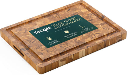 Large Teak Cutting Boards for Kitchen, 20"x15"x1.5" End Grain Butcher Block with Food-Friendly Surface, Durable Wood Chopping Board with Juice Grooves and Easy-Grip Handle for Home Prep