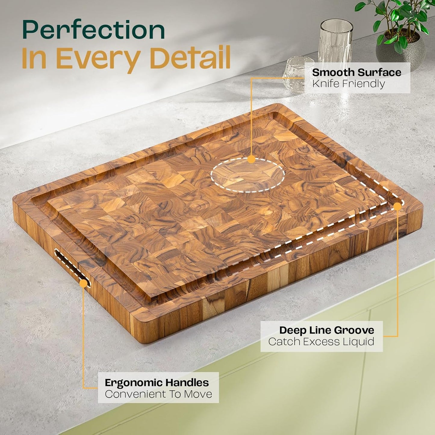 Large Teak Cutting Boards for Kitchen, 20"x15"x1.5" End Grain Butcher Block with Food-Friendly Surface, Durable Wood Chopping Board with Juice Grooves and Easy-Grip Handle for Home Prep