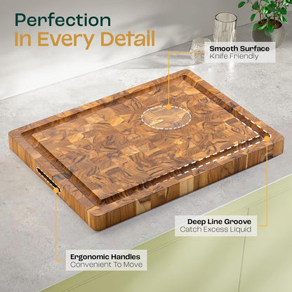 Large Teak Cutting Boards for Kitchen, 20"x15"x1.5" End Grain Butcher Block with Food-Friendly Surface, Durable Wood Chopping Board with Juice Grooves and Easy-Grip Handle for Home Prep