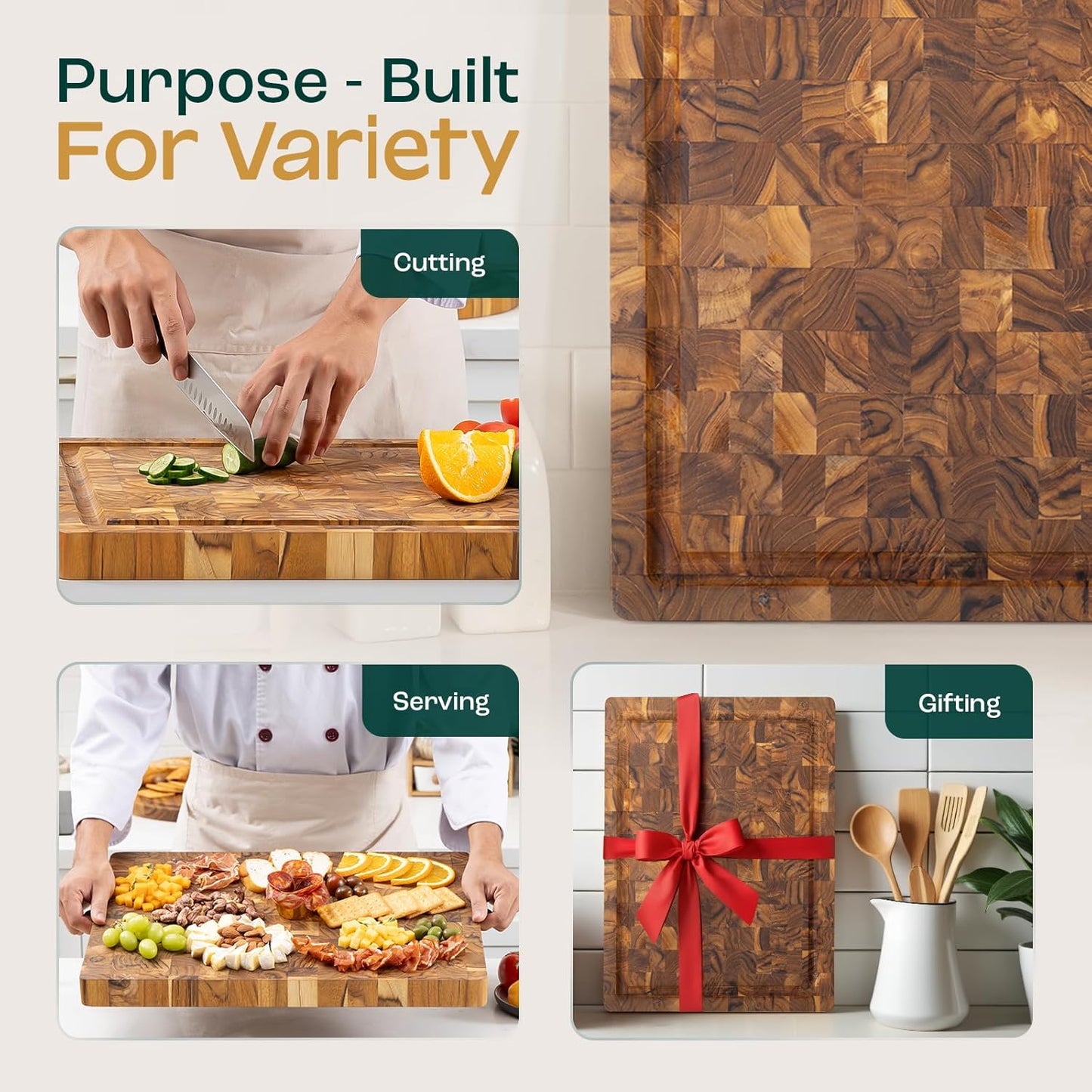 Large Teak Cutting Boards for Kitchen, 20"x15"x1.5" End Grain Butcher Block with Food-Friendly Surface, Durable Wood Chopping Board with Juice Grooves and Easy-Grip Handle for Home Prep