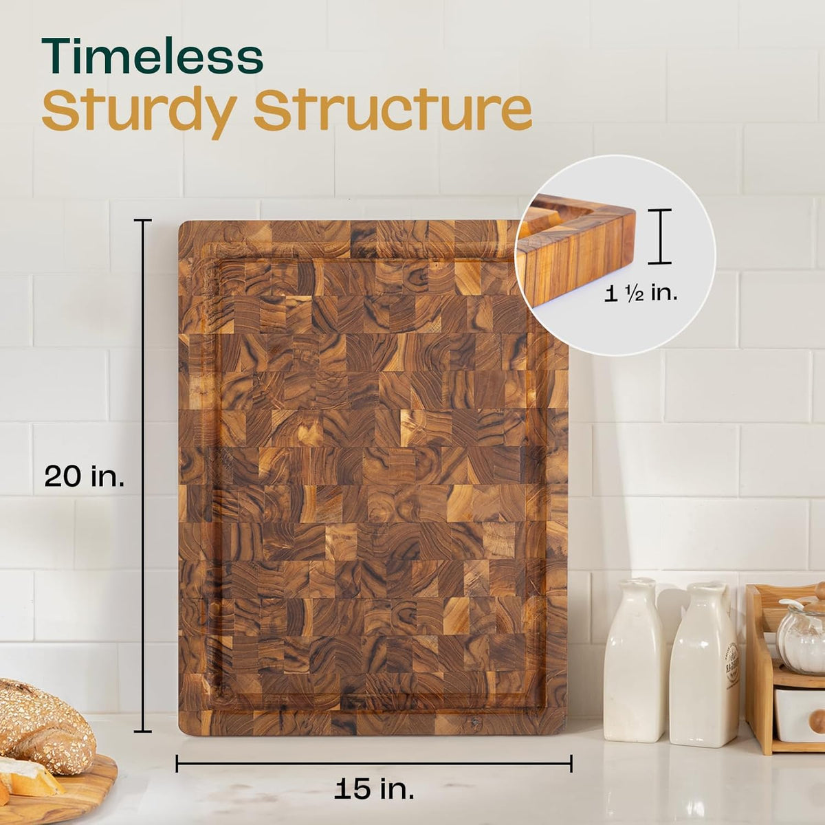 Large Teak Cutting Boards for Kitchen, 20"x15"x1.5" End Grain Butcher Block with Food-Friendly Surface, Durable Wood Chopping Board with Juice Grooves and Easy-Grip Handle for Home Prep